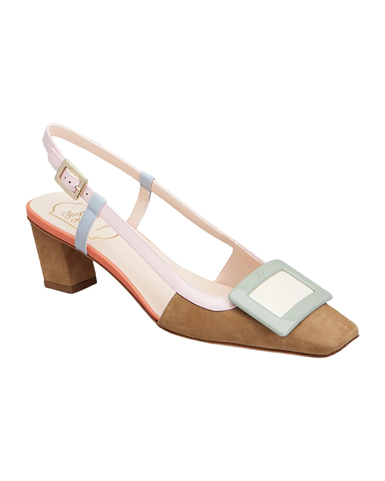 45mm Belle Vivier Patent Leather and Suede Lacquered Buckle Slingback Pumps