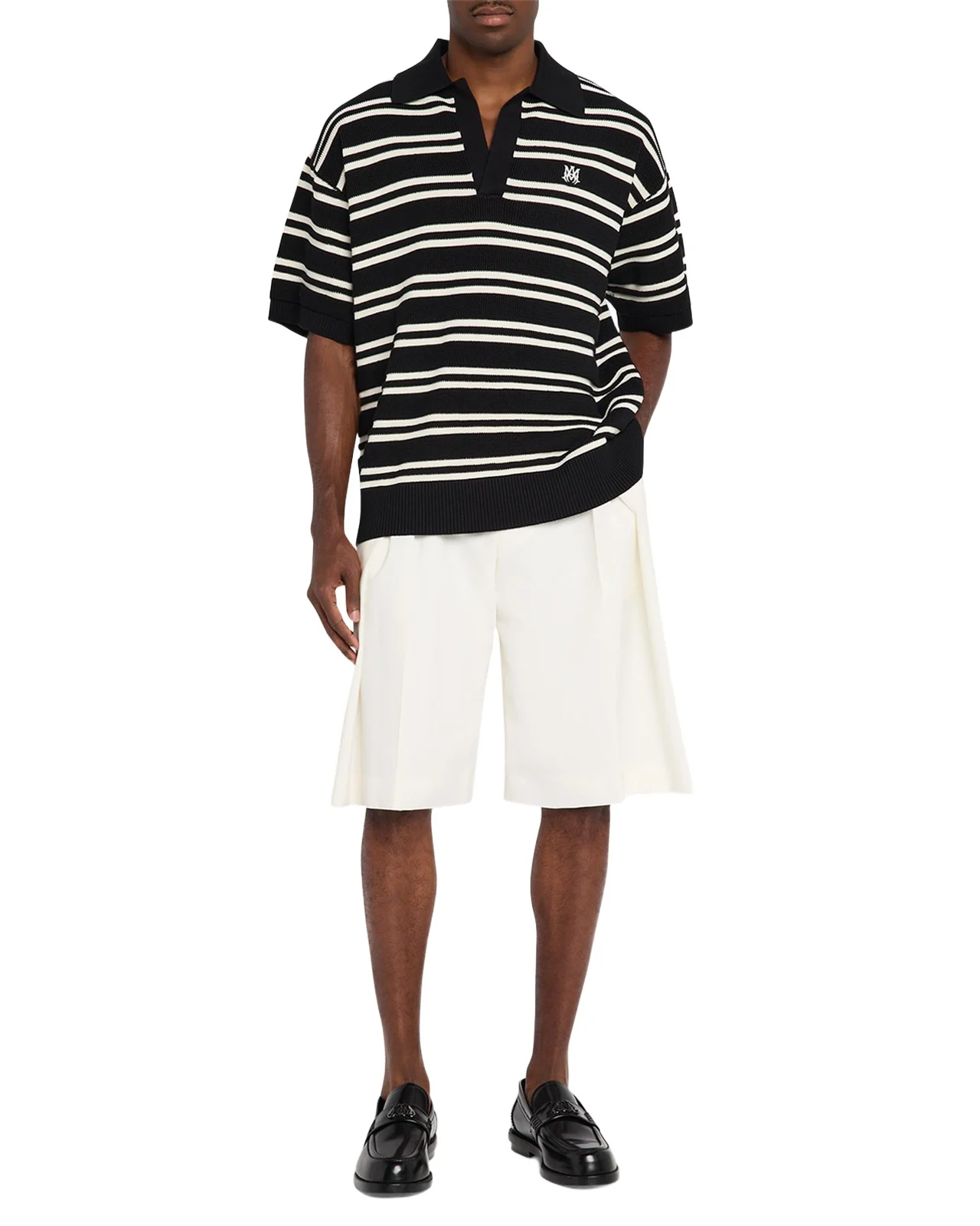 AMIRI Men's Rib-Knit Stripe Johnny Collar Polo Shirt