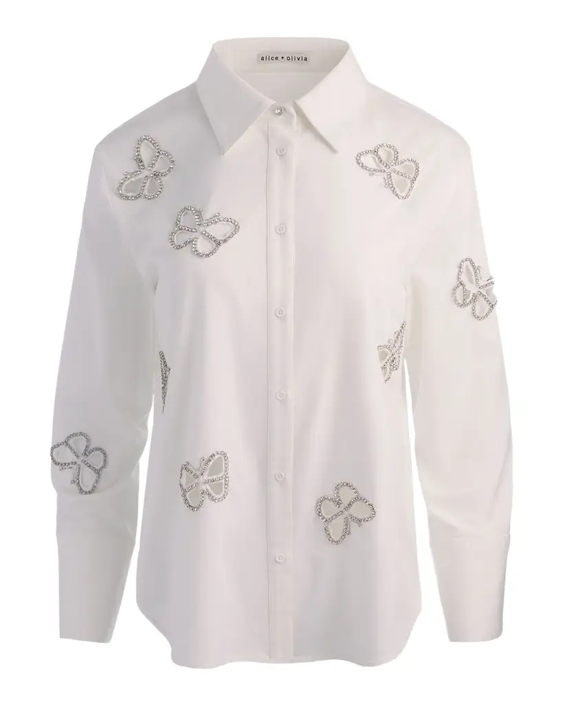 ALICE + OLIVIA Finely Embellished Cutout Button-Front Shirt | Image 1 ALICE + OLIVIA Finely Embellished Cutout Button-Front Shirt | Image 1