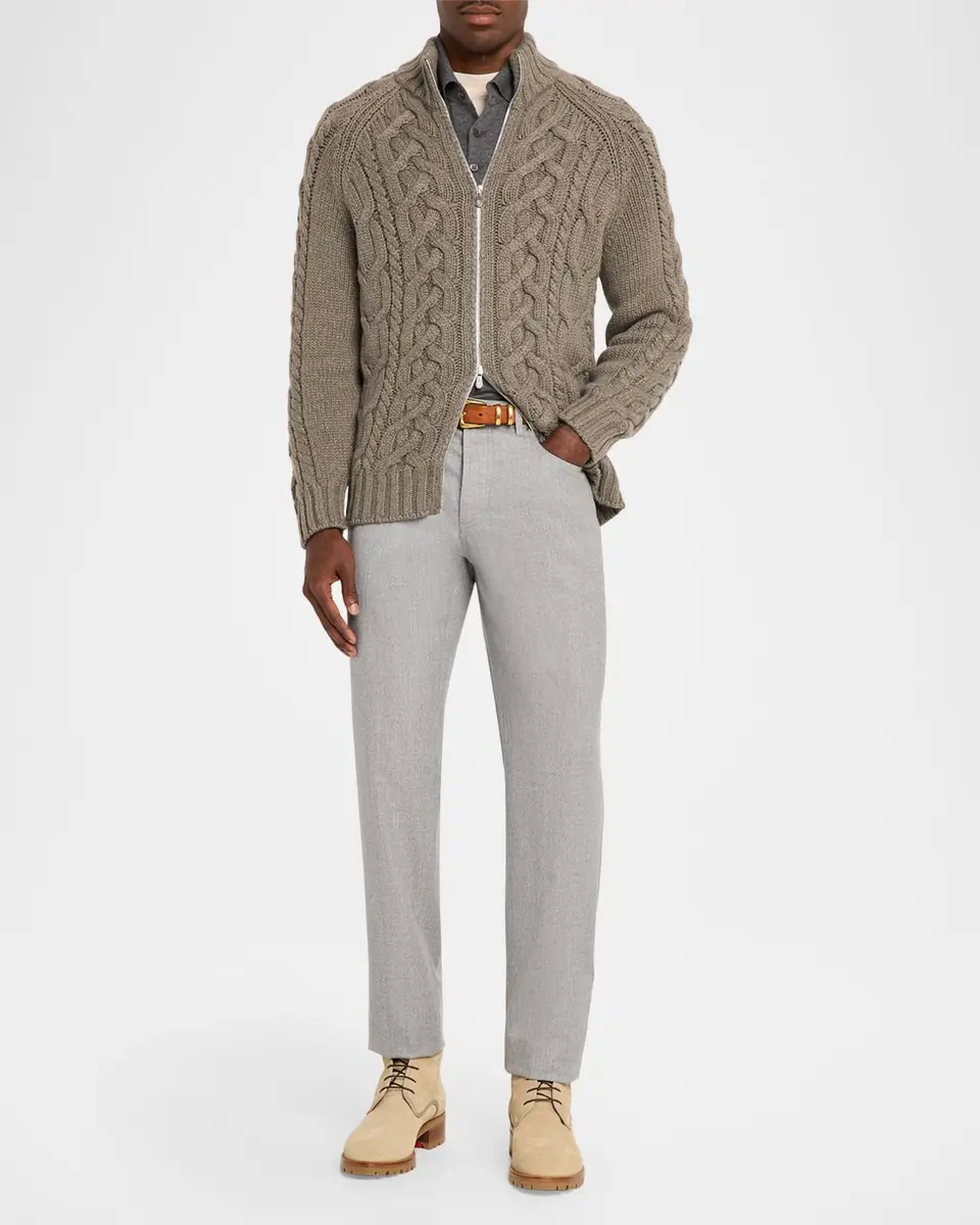 Brunello Cucinelli Men's Lofted Cashmere Cable Knit Full-Zip Cardigan | Thumbnail 2