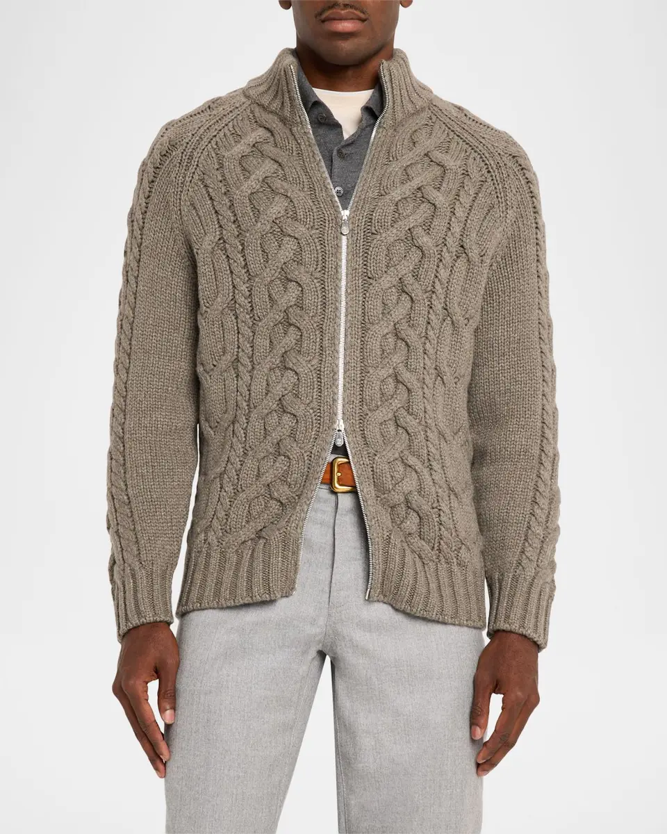 Brunello Cucinelli Men's Lofted Cashmere Cable Knit Full-Zip Cardigan | Thumbnail 4