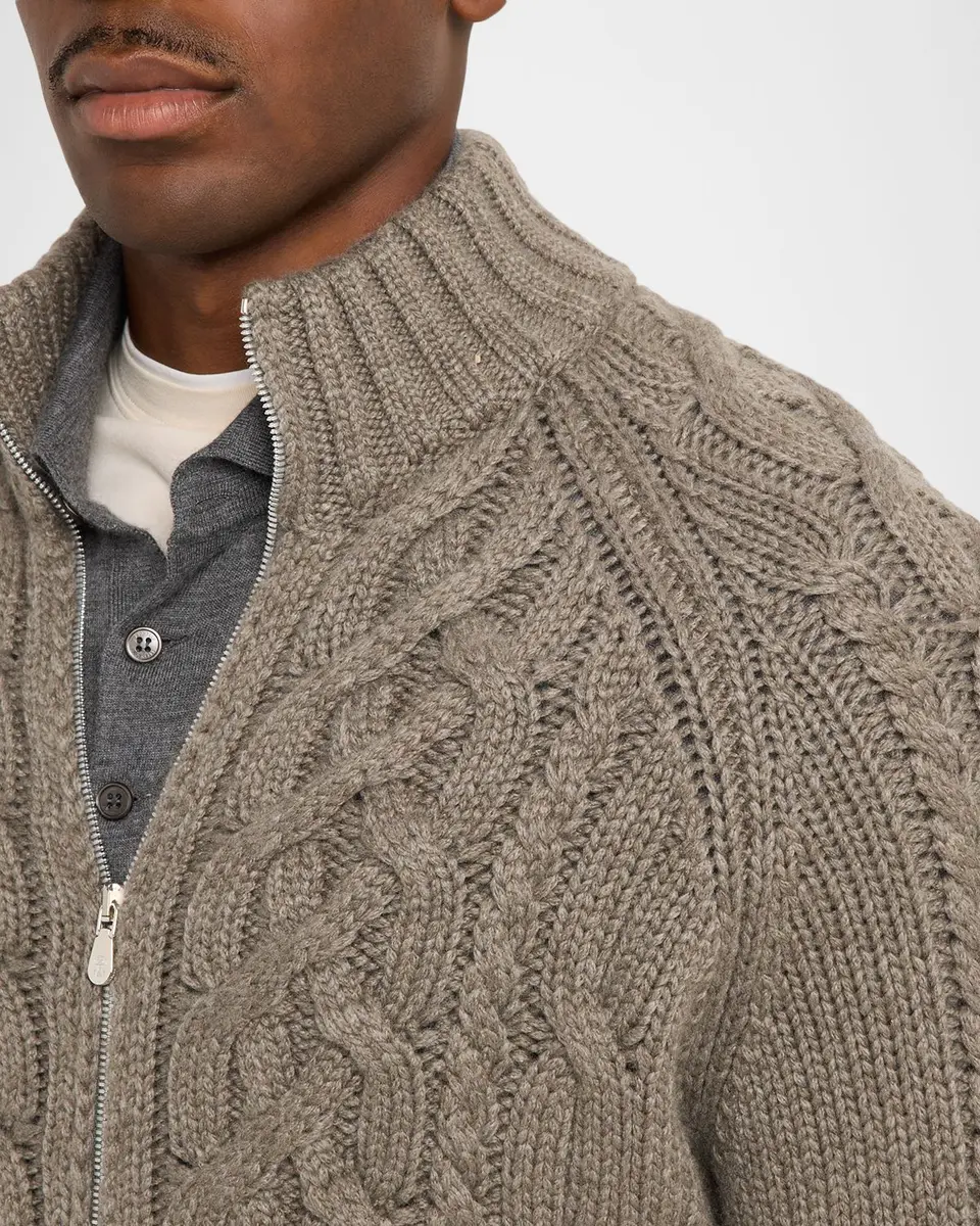 Brunello Cucinelli Men's Lofted Cashmere Cable Knit Full-Zip Cardigan | Thumbnail 5