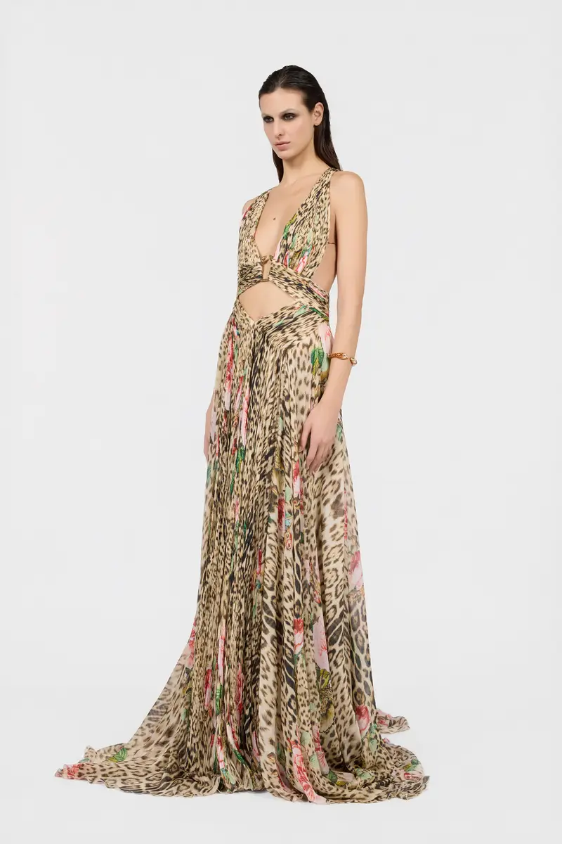 Roberto Cavalli Jaguar Roses Print Silk Dress | Thumbnail 2