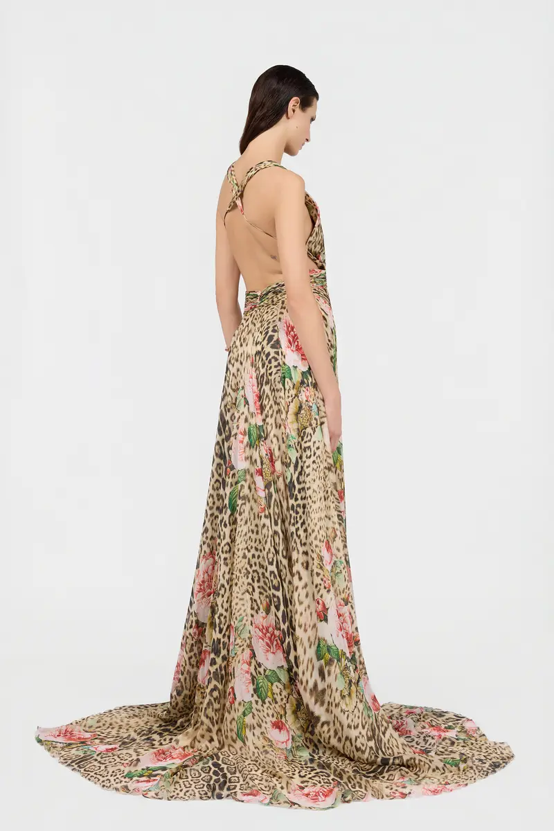 Roberto Cavalli Jaguar Roses Print Silk Dress | Thumbnail 3