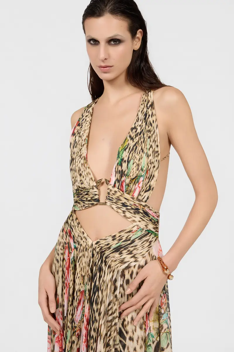 Roberto Cavalli Jaguar Roses Print Silk Dress | Thumbnail 4