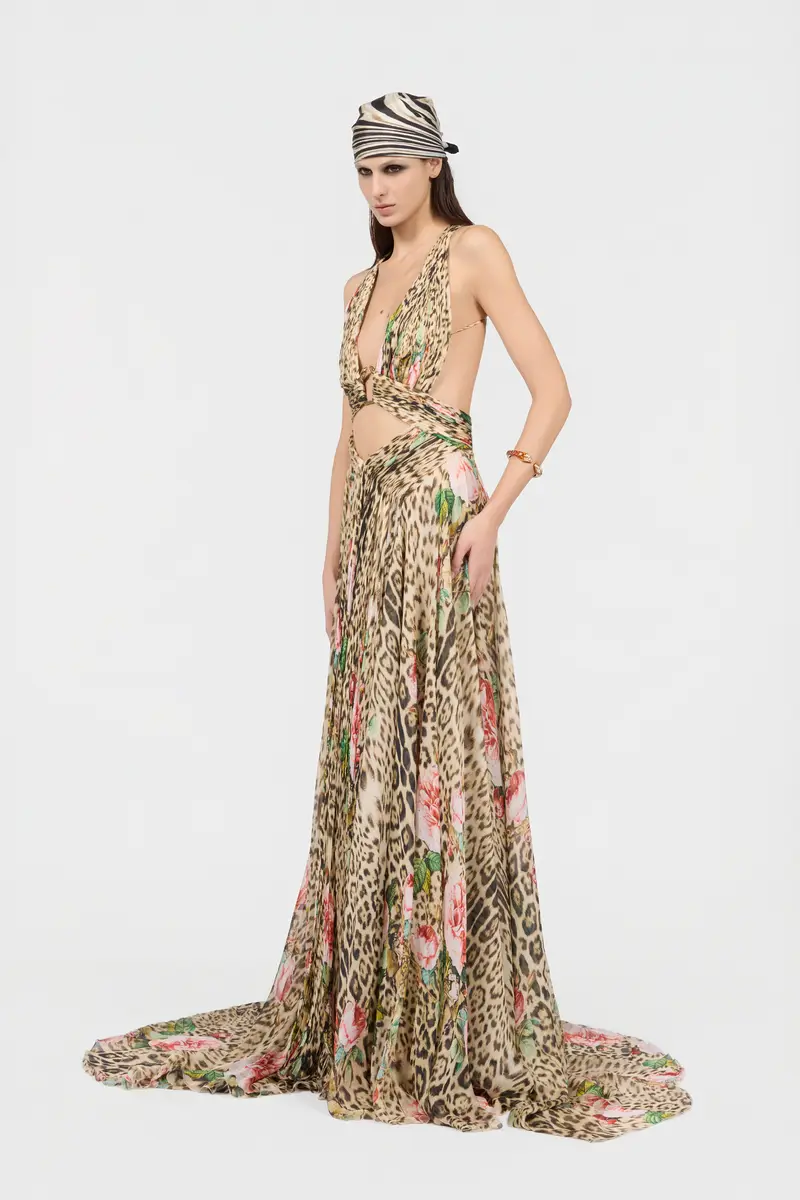 Roberto Cavalli Jaguar Roses Print Silk Dress | Thumbnail 6