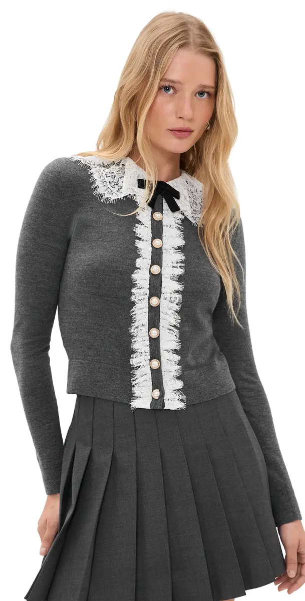Self Portrait Lace Collar Knit Cardigan Grey | Image 1 Self Portrait Lace Collar Knit Cardigan Grey | Image 1