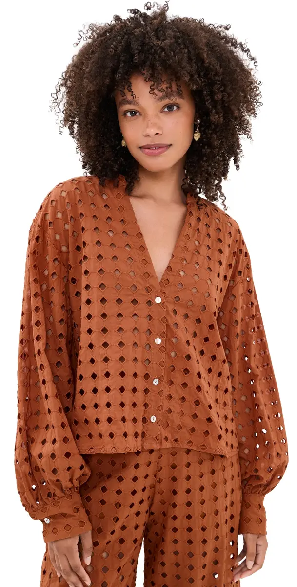 Dress To Brown Castanha Cuffed Eyelet Shirt Brown Castanha | Image 1 Dress To Brown Castanha Cuffed Eyelet Shirt Brown Castanha | Image 1