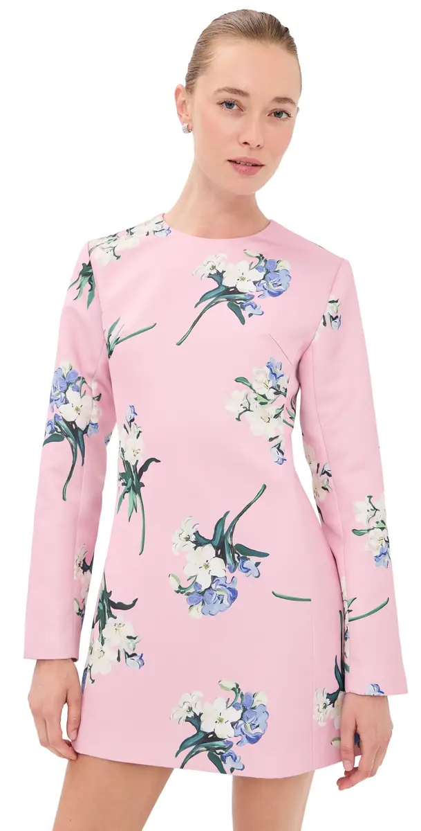 Leo Lin Aliza Long Sleeve Mini Dress Bouquet Print in Pastel Pink | Image 1 Leo Lin Aliza Long Sleeve Mini Dress Bouquet Print in Pastel Pink | Image 1