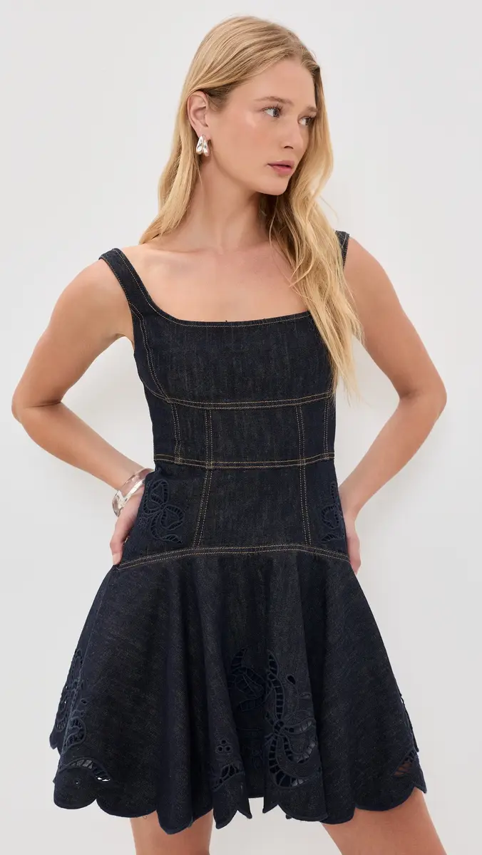 Self-Portrait Indigo Denim Bow Embroidered Mini Dress | Thumbnail 2 Self-Portrait Indigo Denim Bow Embroidered Mini Dress | Thumbnail 2