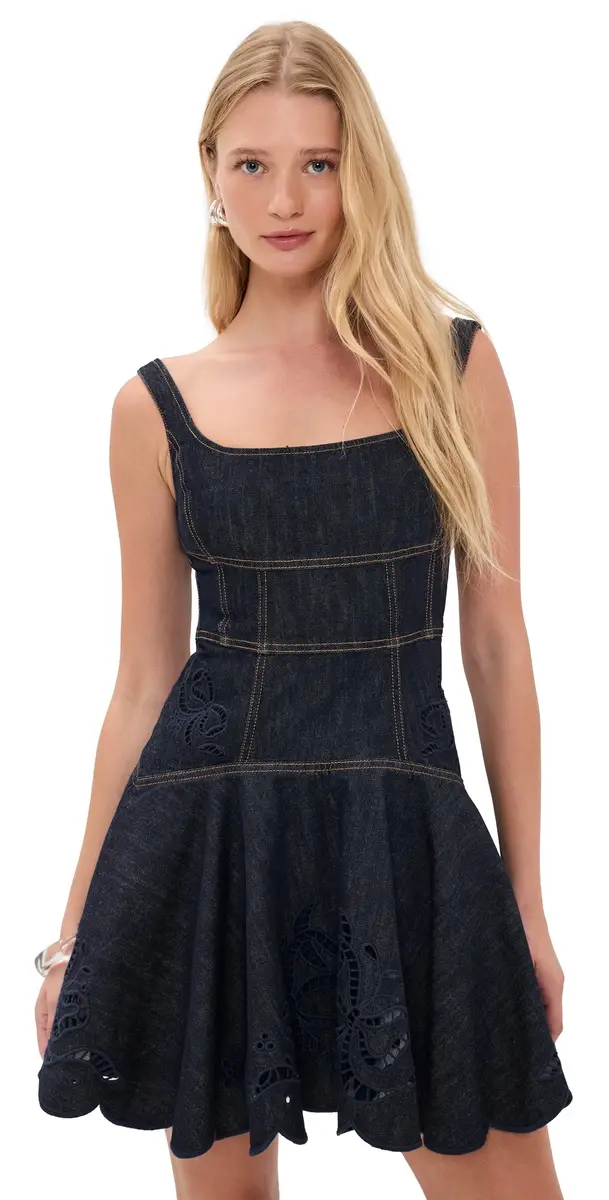 Self-Portrait Indigo Denim Bow Embroidered Mini Dress Blue | Image 1 Self-Portrait Indigo Denim Bow Embroidered Mini Dress Blue | Image 1