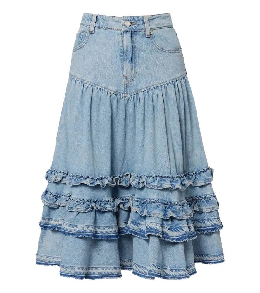 Ganni Ruffled denim midi skirt | Image 1 Ganni Ruffled denim midi skirt | Image 1