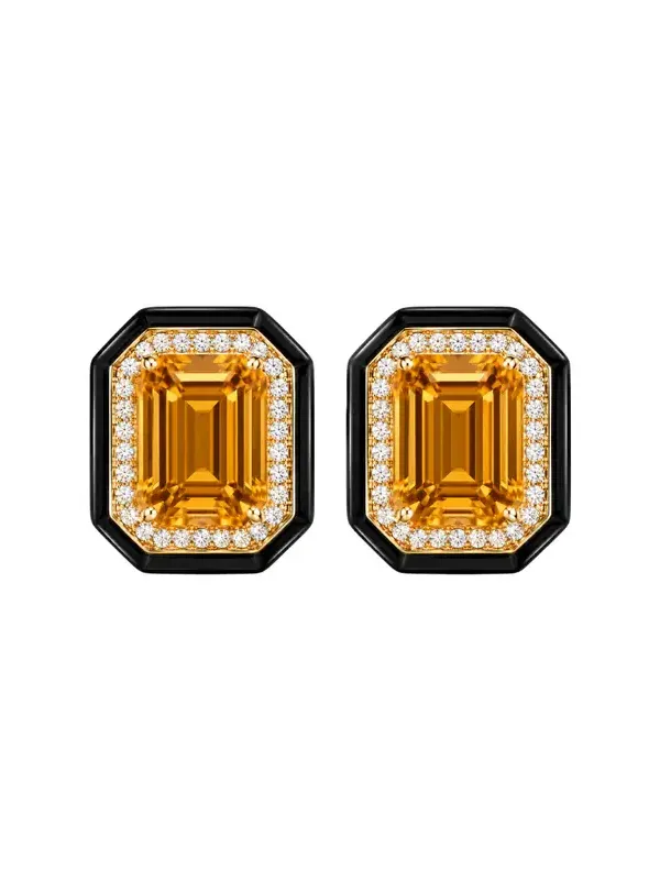 14.34ct Citrine Diamond Onyx 18K Gold Halo Stud Earrings