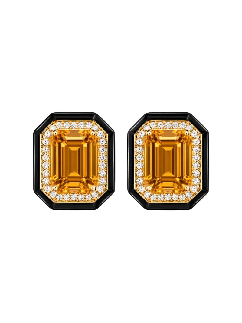 Wish Fine Jewelry 14.34ct Citrine Diamond Onyx 18K Gold Halo Stud Earrings