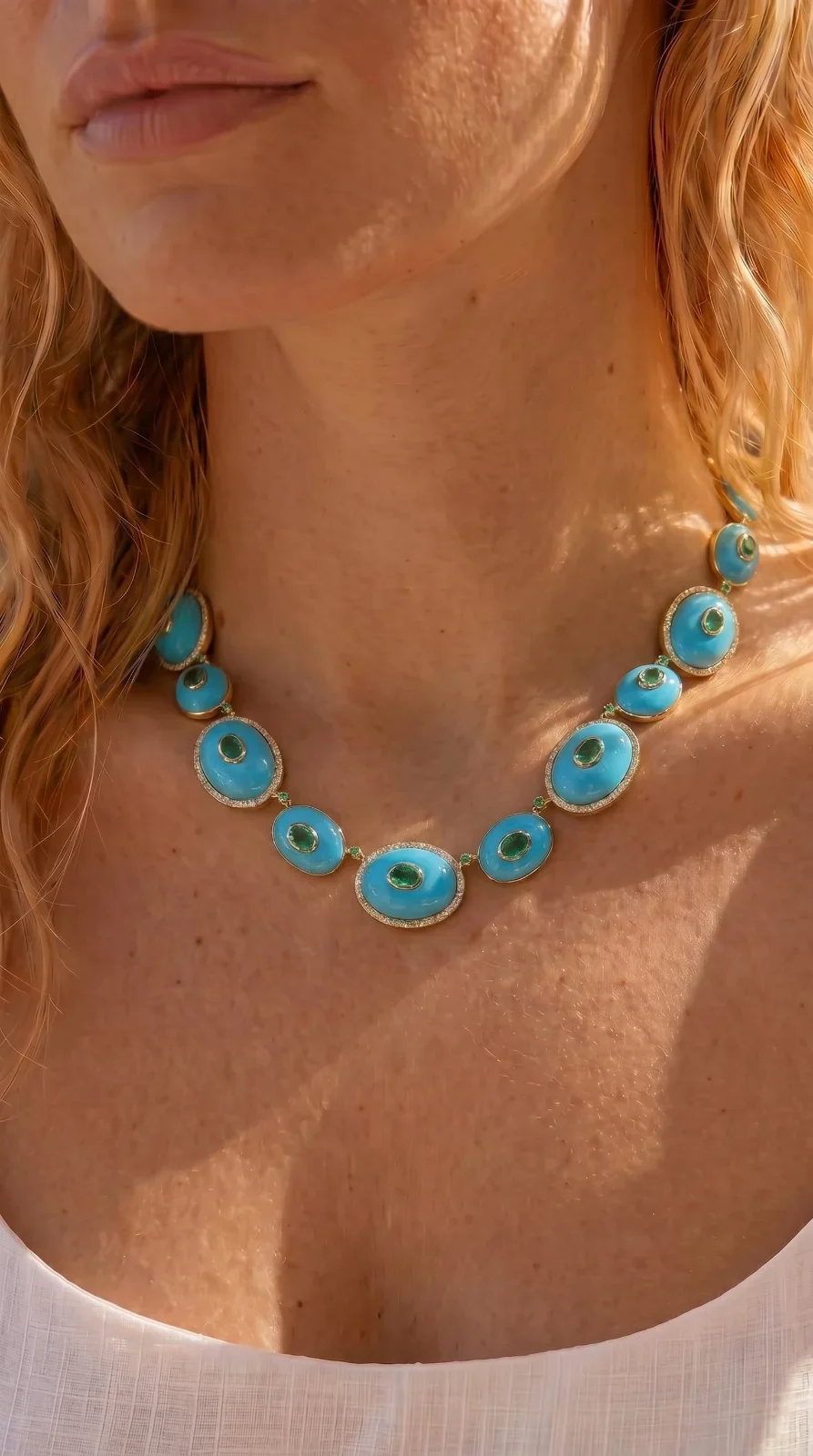 151.789ct Turquoise Emerald Diamond 18K Gold Statement Necklace 151.789ct Turquoise Emerald Diamond 18K Gold Statement Necklace