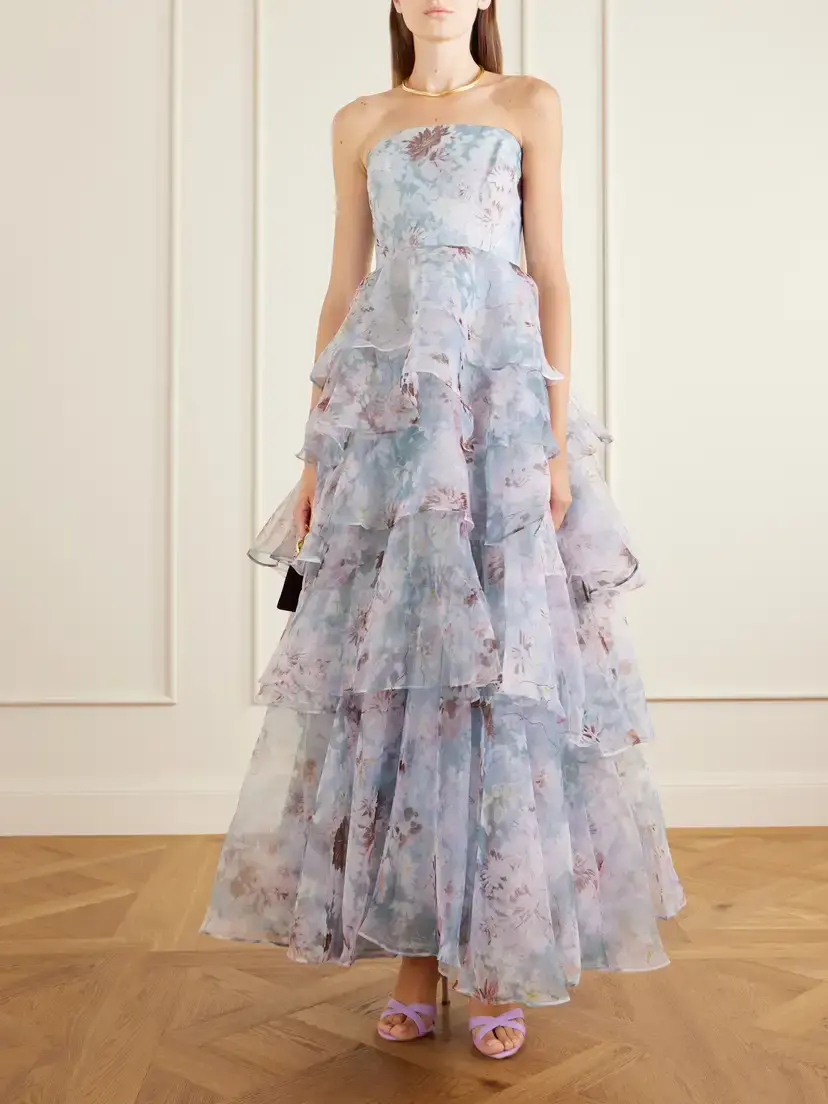 Aje Gabrielle Strapless Tiered Ruffled Floral-print Linen-blend Organza Gown | Thumbnail 2 Aje Gabrielle Strapless Tiered Ruffled Floral-print Linen-blend Organza Gown | Thumbnail 2