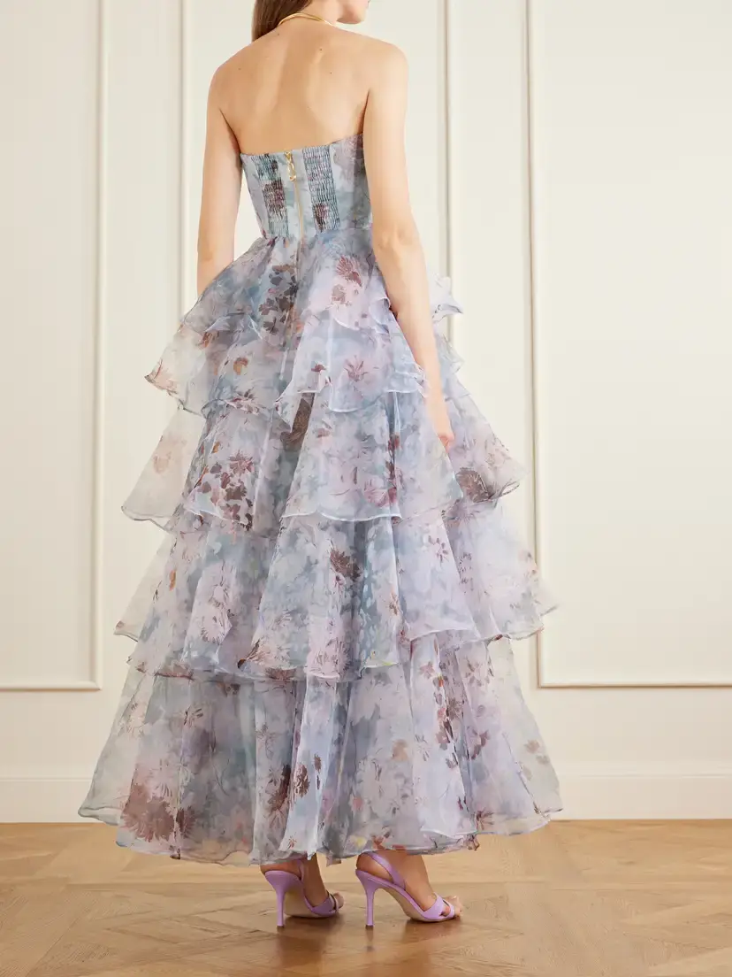 Aje Gabrielle Strapless Tiered Ruffled Floral-print Linen-blend Organza Gown | Thumbnail 3 Aje Gabrielle Strapless Tiered Ruffled Floral-print Linen-blend Organza Gown | Thumbnail 3