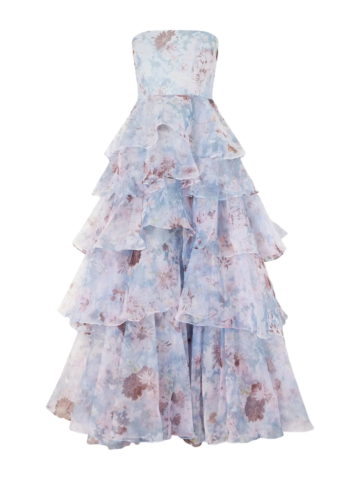 Gabrielle Strapless Tiered Ruffled Floral-print Linen-blend Organza Gown Gabrielle Strapless Tiered Ruffled Floral-print Linen-blend Organza Gown