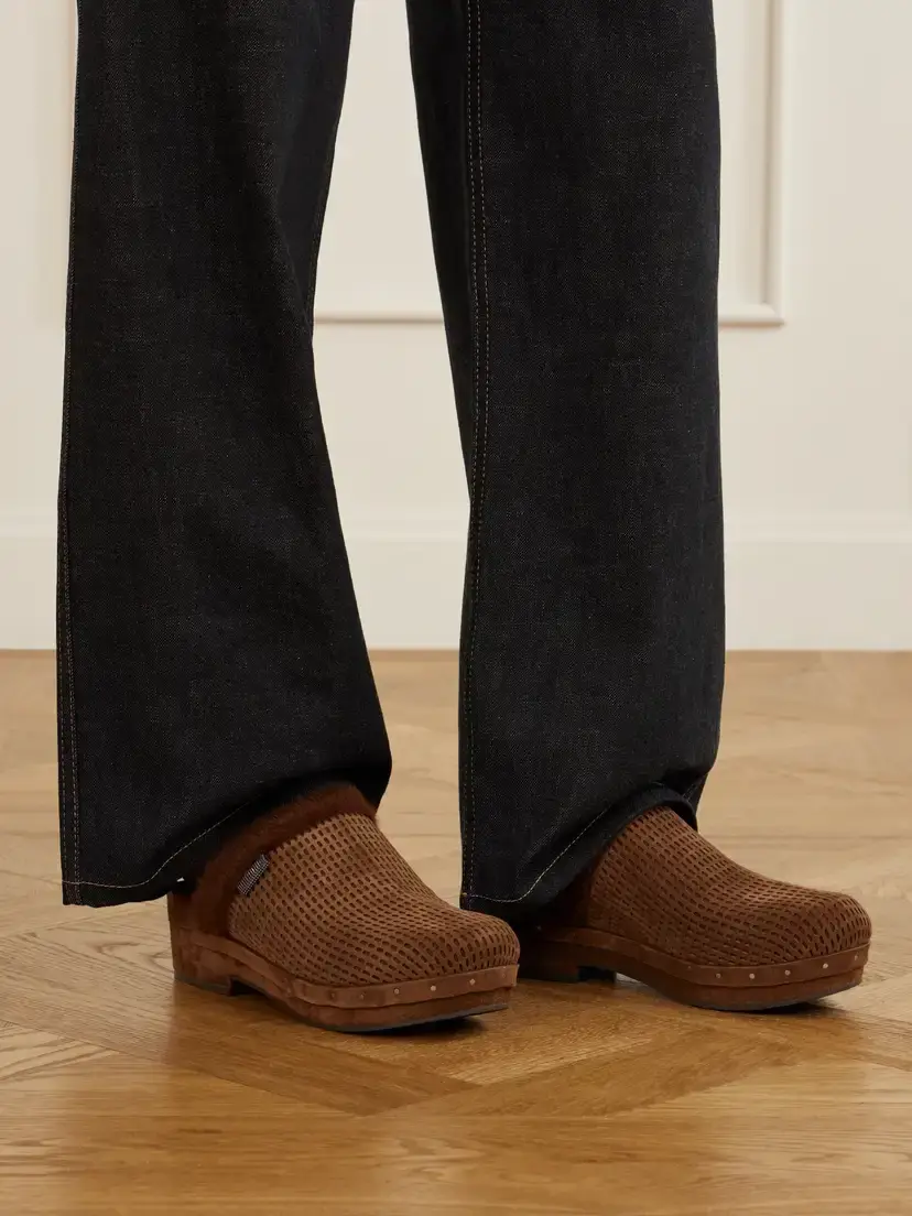 Brunello Cucinelli Bead-embellished Shearling-trimmed Suede Clogs | Thumbnail 2