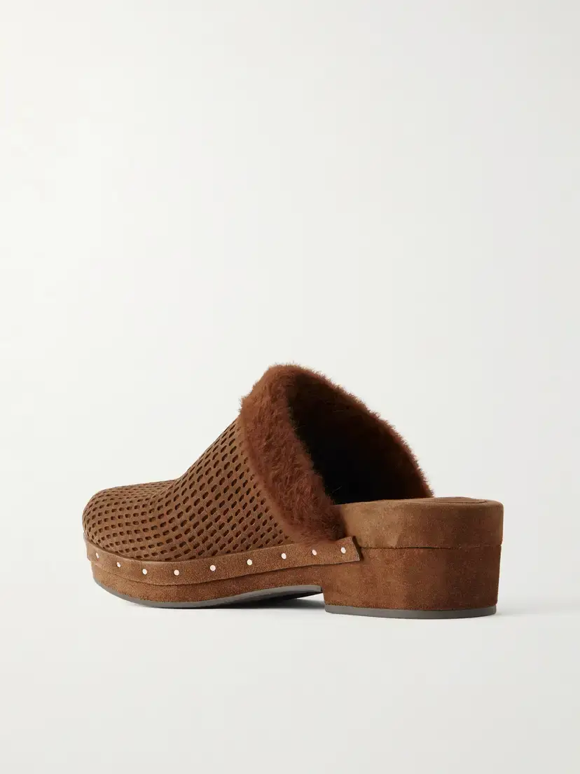 Brunello Cucinelli Bead-embellished Shearling-trimmed Suede Clogs | Thumbnail 3