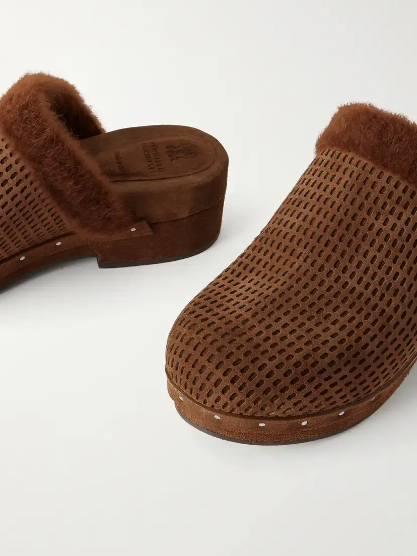 Brunello Cucinelli Bead-embellished Shearling-trimmed Suede Clogs | Thumbnail 5