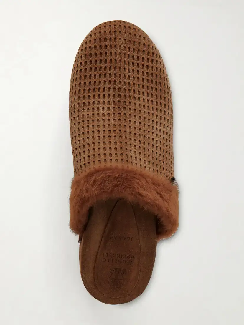 Brunello Cucinelli Bead-embellished Shearling-trimmed Suede Clogs | Thumbnail 6