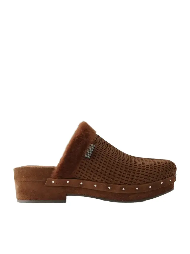 Brunello Cucinelli Bead-embellished Shearling-trimmed Suede Clogs | Image 1 Brunello Cucinelli Bead-embellished Shearling-trimmed Suede Clogs | Image 1