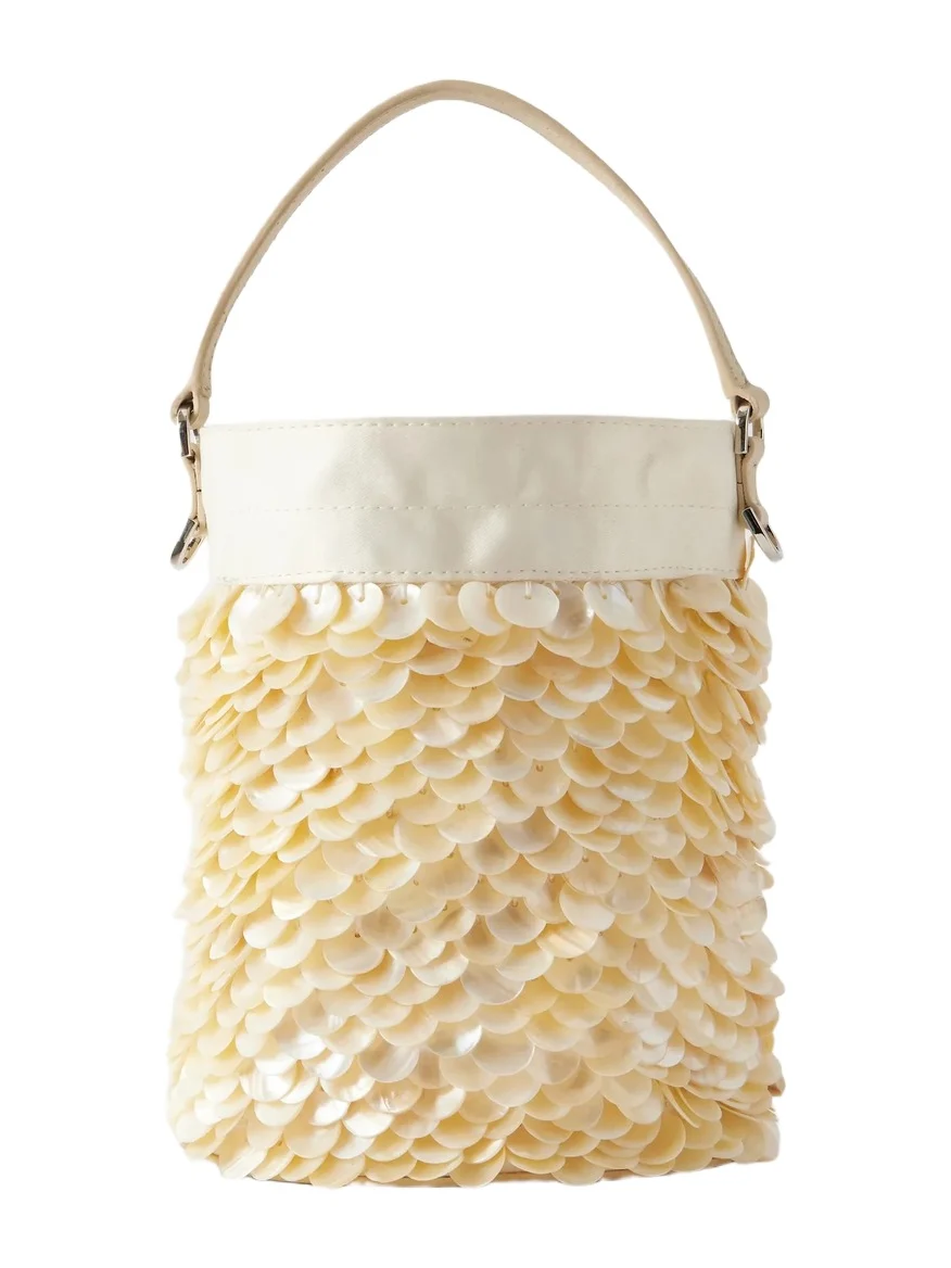 Lila Mini Leather-trimmed Paillette-embellished Twill Bucket Bag Lila Mini Leather-trimmed Paillette-embellished Twill Bucket Bag
