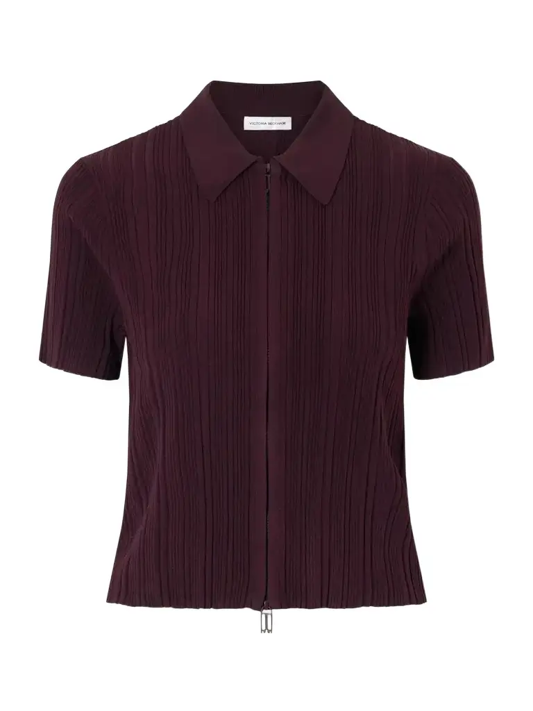 Victoria Beckham Ribbed Polo Top | Image 1 Victoria Beckham Ribbed Polo Top | Image 1