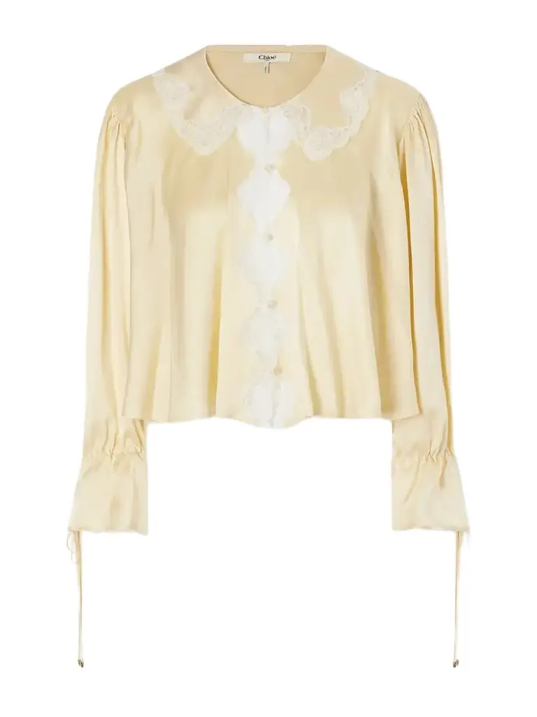 Cropped Lace-trimmed Silk-satin Blouse Cropped Lace-trimmed Silk-satin Blouse