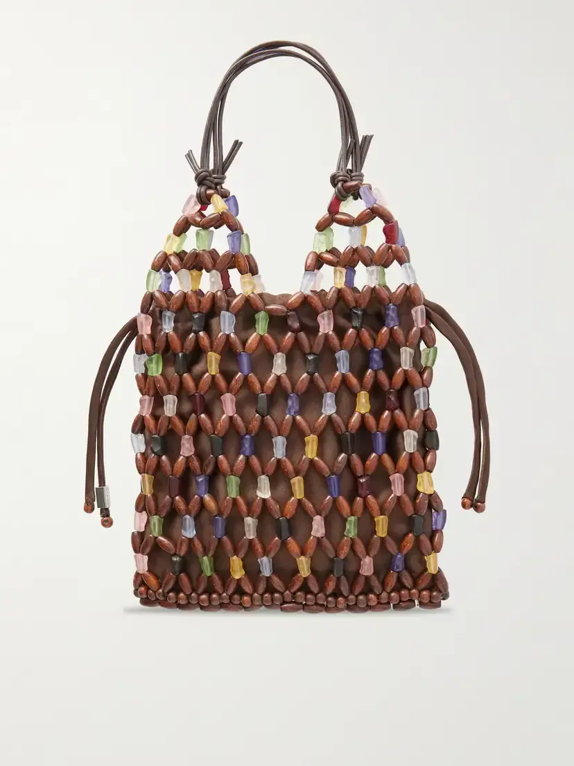 Staud Kelly Leather-trimmed Beaded Wood And Glass Satin Tote | Thumbnail 4 Staud Kelly Leather-trimmed Beaded Wood And Glass Satin Tote | Thumbnail 4