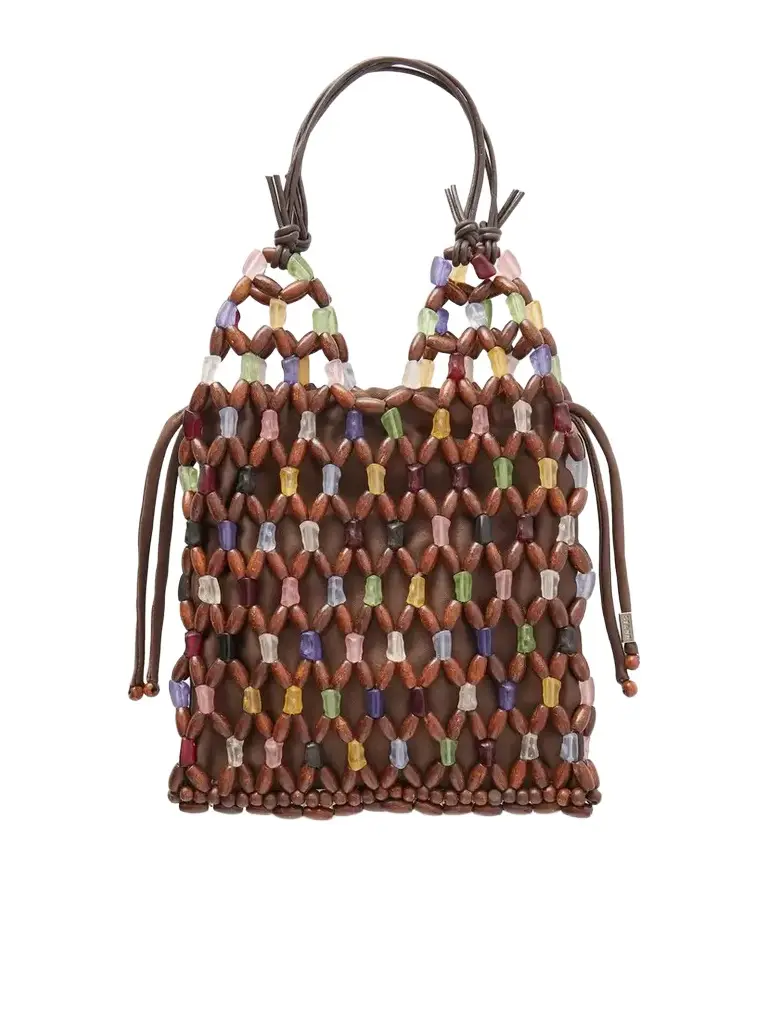 Kelly Leather-trimmed Beaded Wood And Glass Satin Tote Kelly Leather-trimmed Beaded Wood And Glass Satin Tote