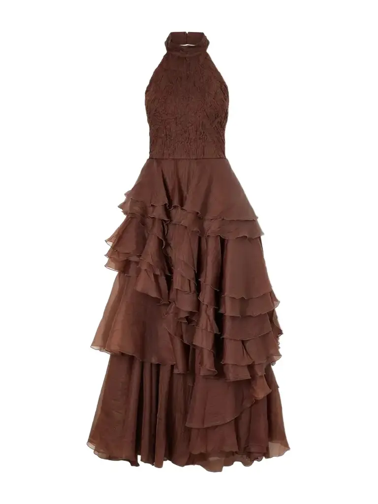 Aje Fayette Tiered Ruffled Crepon Halterneck Gown | Image 1 Aje Fayette Tiered Ruffled Crepon Halterneck Gown | Image 1