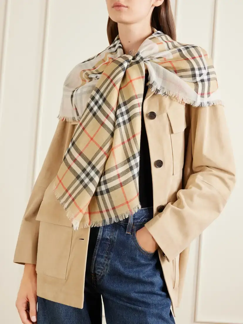 Burberry Frayed Printed Checked Wool And Silk-blend Scarf - Neutrals | Thumbnail 2 Burberry Frayed Printed Checked Wool And Silk-blend Scarf - Neutrals | Thumbnail 2