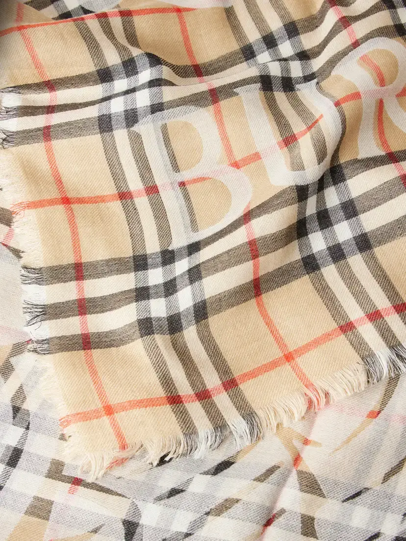 Burberry Frayed Printed Checked Wool And Silk-blend Scarf - Neutrals | Thumbnail 3 Burberry Frayed Printed Checked Wool And Silk-blend Scarf - Neutrals | Thumbnail 3