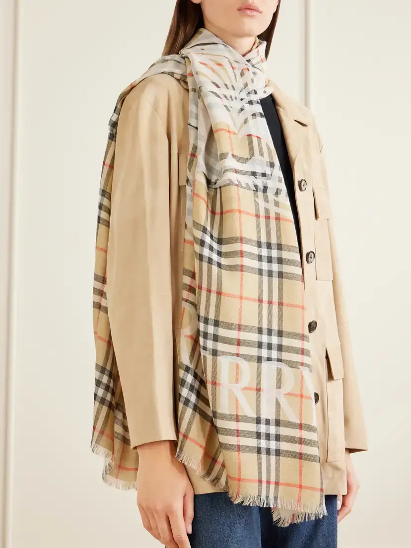 Burberry Frayed Printed Checked Wool And Silk-blend Scarf - Neutrals | Thumbnail 4 Burberry Frayed Printed Checked Wool And Silk-blend Scarf - Neutrals | Thumbnail 4
