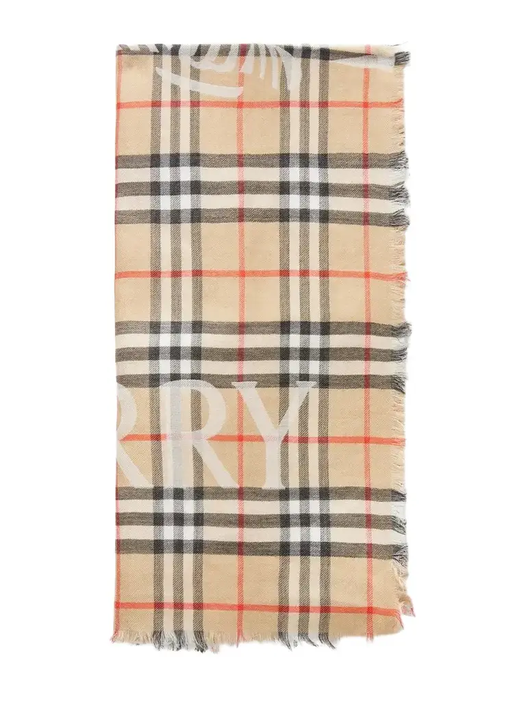 Burberry Frayed Printed Checked Wool And Silk-blend Scarf | Image 1 Burberry Frayed Printed Checked Wool And Silk-blend Scarf | Image 1