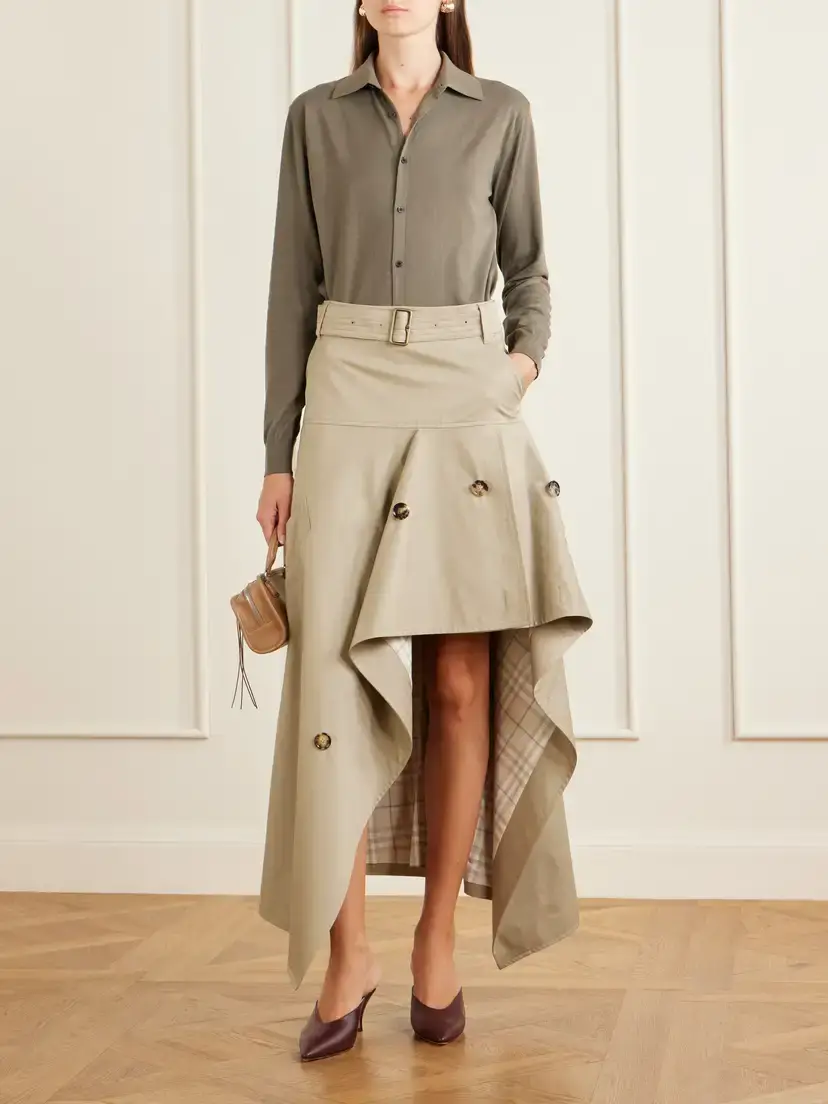 Burberry Heather Belted Asymmetric Cotton-gabardine Midi Skirt | Thumbnail 2