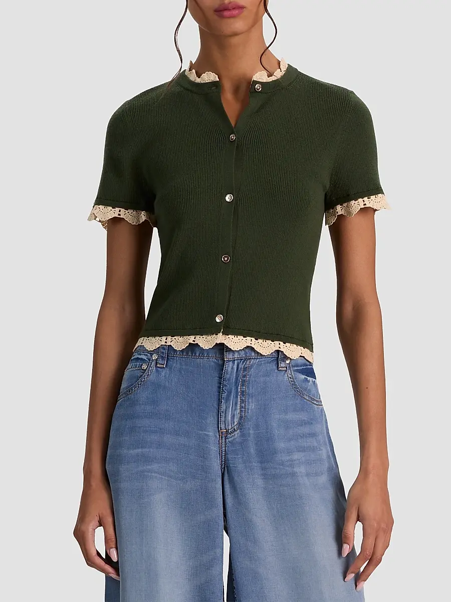 Alice + Olivia Women's Ciara Contrast Lace-Trim Cardigan | Thumbnail 4