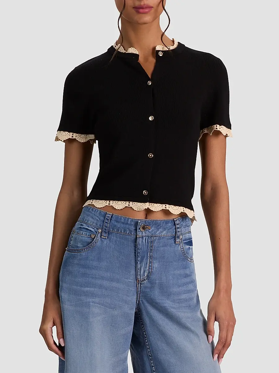 Alice + Olivia Women's Ciara Contrast Lace-Trim Cardigan | Thumbnail 4