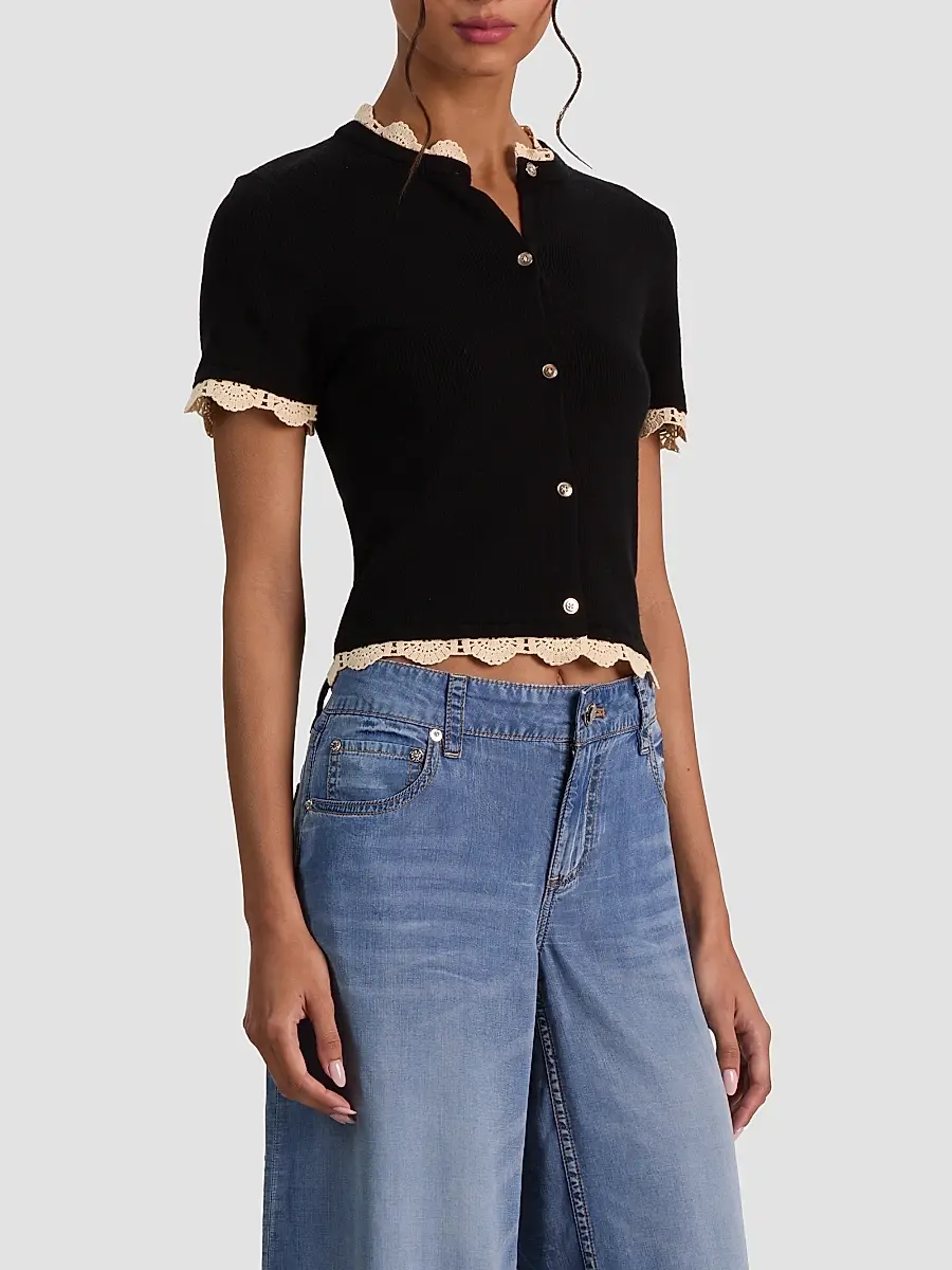 Alice + Olivia Women's Ciara Contrast Lace-Trim Cardigan | Thumbnail 6