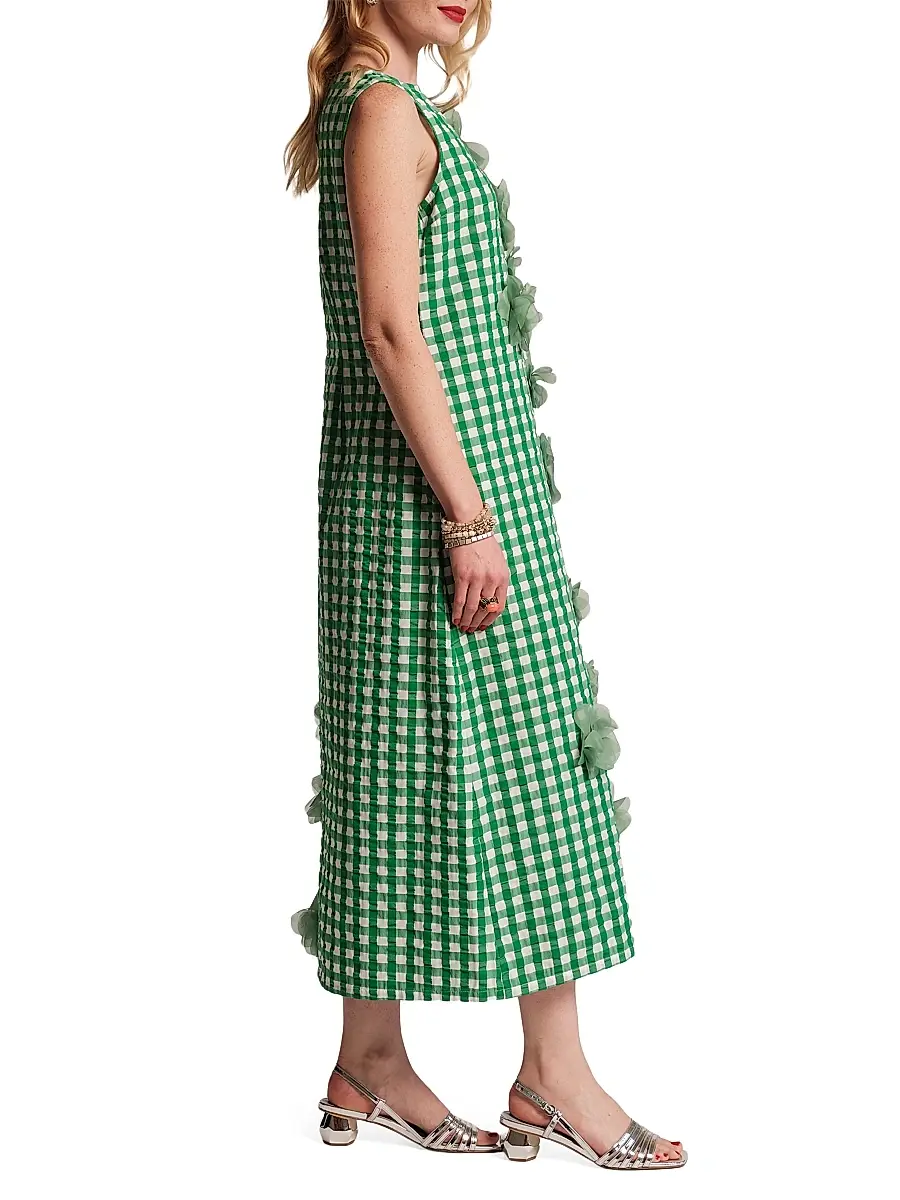 Frances Valentine Women's Origami 3D Floral Appliqué Gingham Midi-Dress | Thumbnail 2