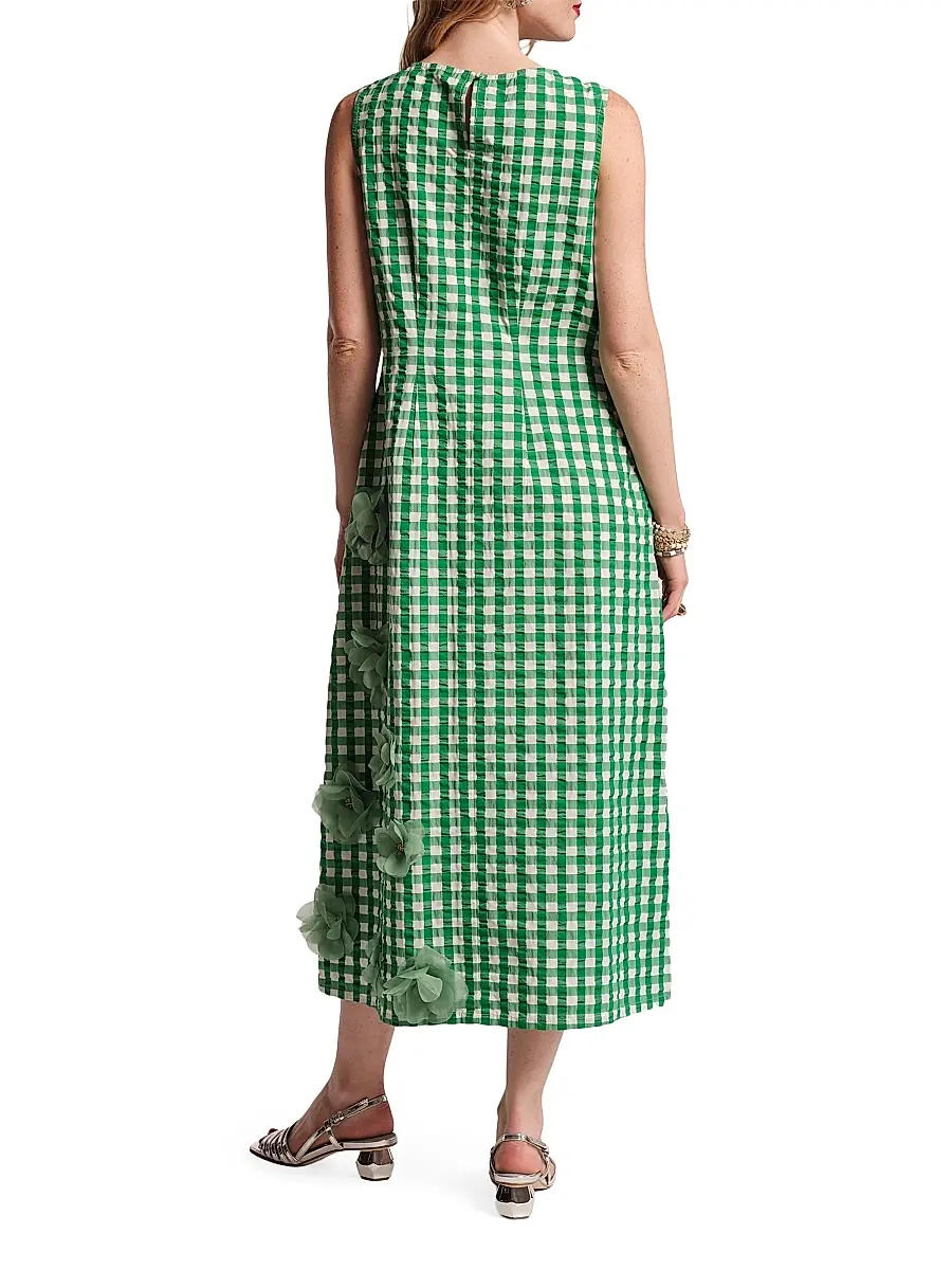 Frances Valentine Women's Origami 3D Floral Appliqué Gingham Midi-Dress | Thumbnail 3