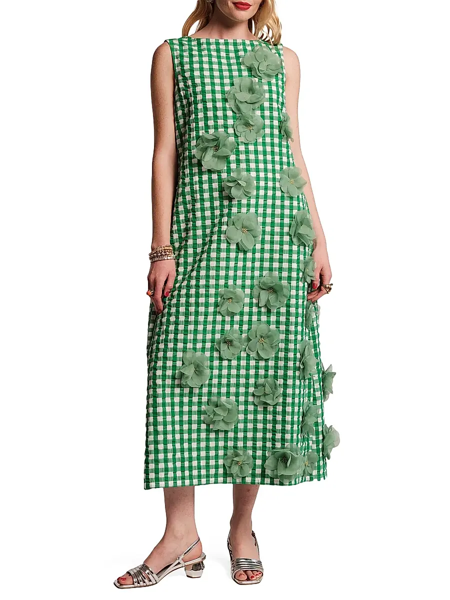 Women's Origami 3D Floral Appliqué Gingham Midi-Dress Women's Origami 3D Floral Appliqué Gingham Midi-Dress