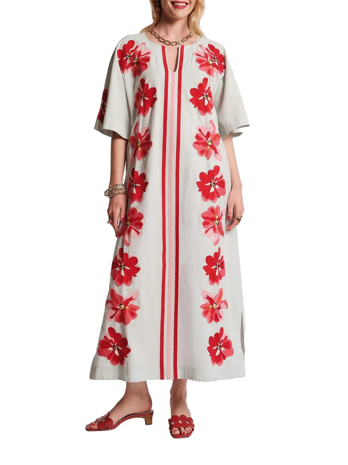 Women's Charming Embroidered Striped Caftan-Style Maxi Dress Women's Charming Embroidered Striped Caftan-Style Maxi Dress