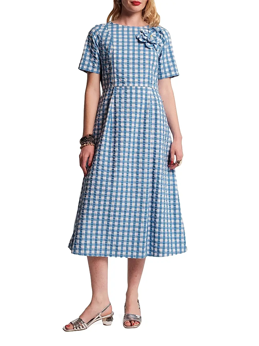 Frances Valentine Women's Michelle Floral Appliqué Gingham Midi-Dress | Image 1 Frances Valentine Women's Michelle Floral Appliqué Gingham Midi-Dress | Image 1