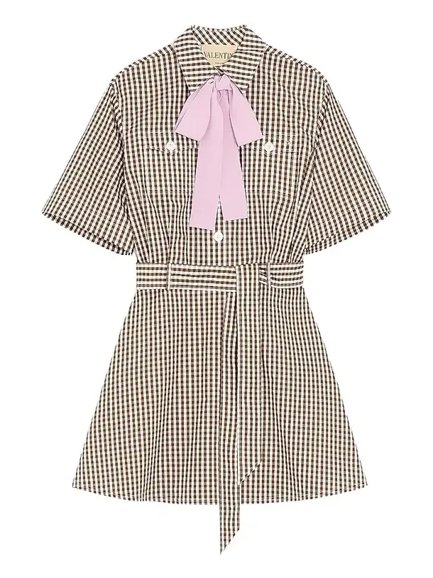 Women's Short Dress in Vichy Cotton - Chocolate Ivory