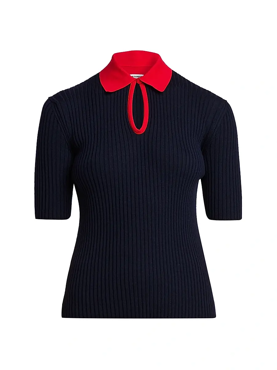 Jil Sander Women's Rib-Knit Wool Polo Shirt - Pencil Blue - Size 10 | Image 1 Jil Sander Women's Rib-Knit Wool Polo Shirt - Pencil Blue - Size 10 | Image 1