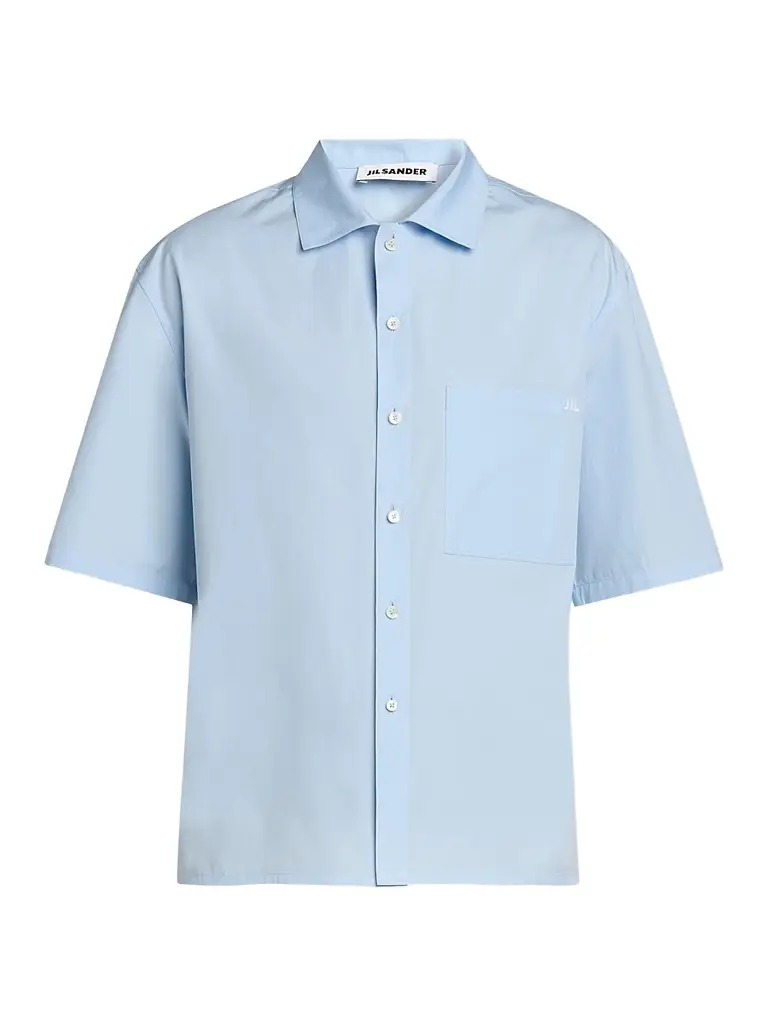 Jil Sander Men's Embroidered Logo Cotton Poplin Short-Sleeve Button-Front Shirt - Powder Blue | Image 1 Jil Sander Men's Embroidered Logo Cotton Poplin Short-Sleeve Button-Front Shirt - Powder Blue | Image 1