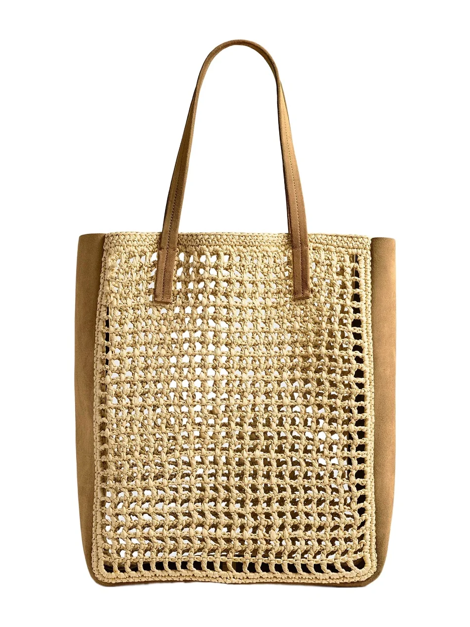 Khaite Zoe Tote In Natural Raffia With Mud Suede